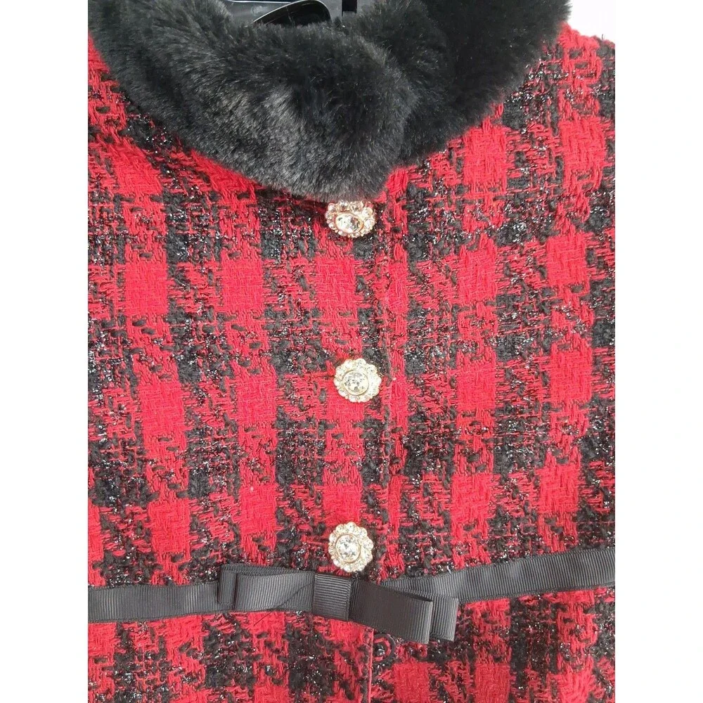 Blueberi Boulevard Girls 6 Red Holiday Christmas Over Coat Faux Fur Plaid